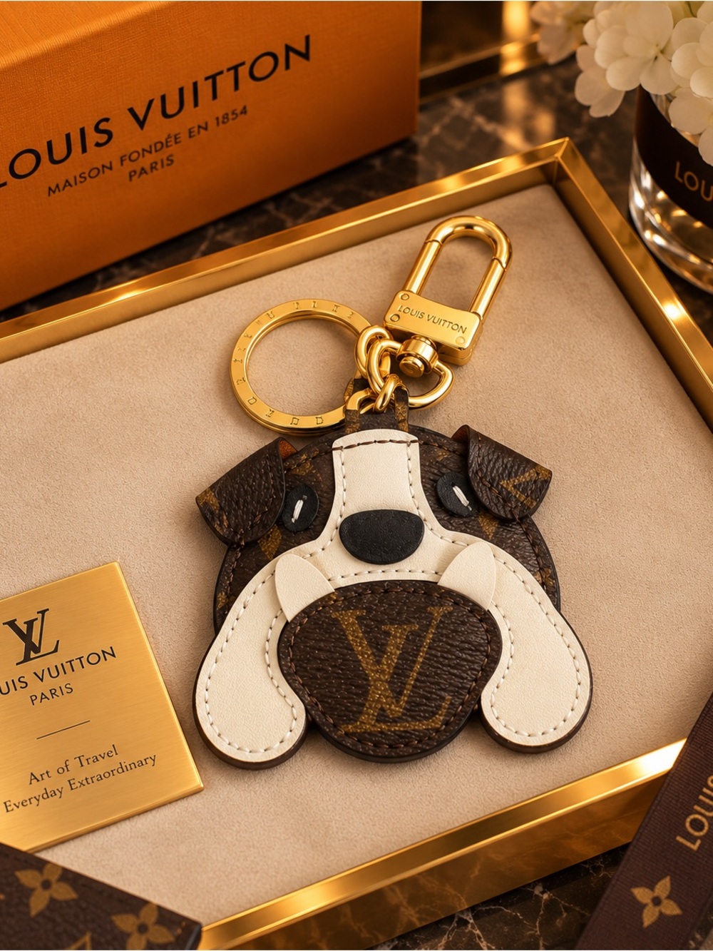 Fashion Dog Face Key Charm - Brown & White